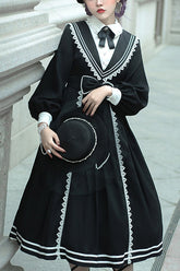 Black Elegant Bowknot Long Sleeves College Style Gothic Lolita Dress